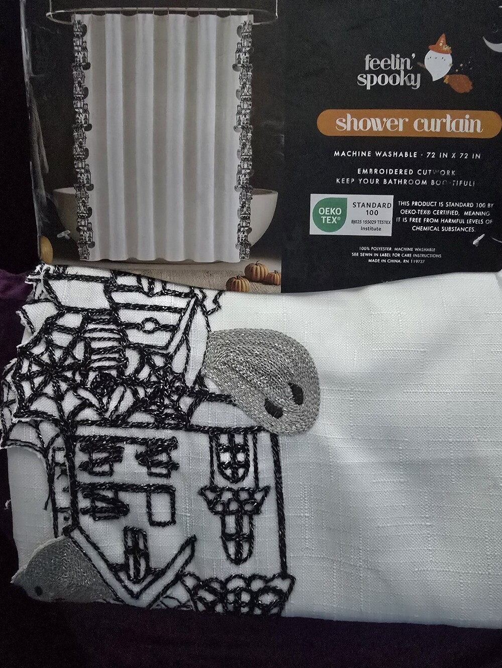 Feelin' Spooky Embroidered Halloween Shower Curtain - White and Black